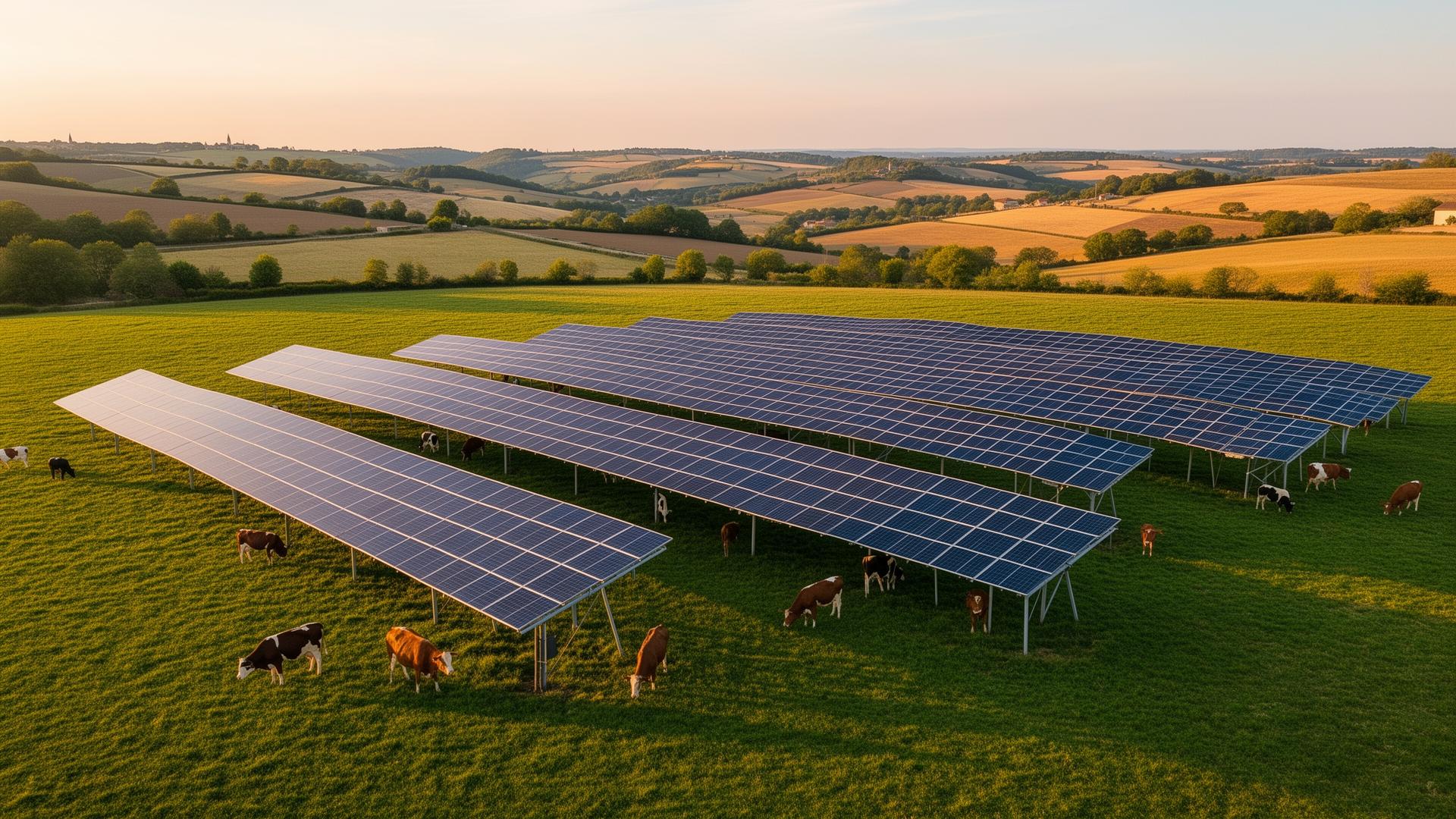 Vue aérienne d'une centrale agrivoltaïque avec des bovins pâturant sous les panneaux solaires